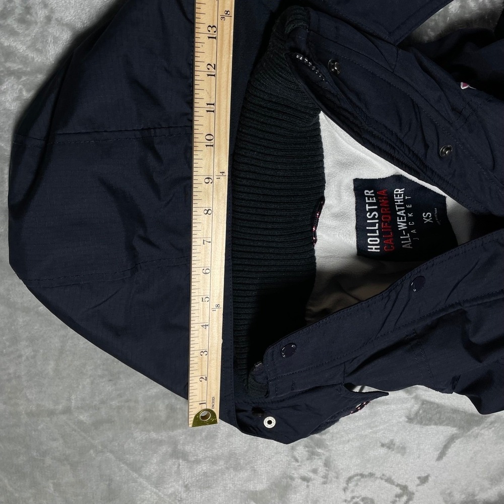 Hollister Navy Blue All-Weather Jacket Fleece Lined Removable Hood XS No Fur - Picture 11 of 12